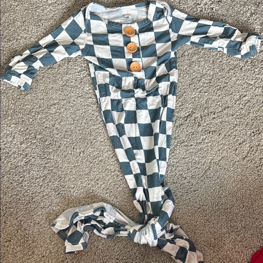 Unbranded Blue & White Check Kids Knot Gown - Soft Cotton One-Piece